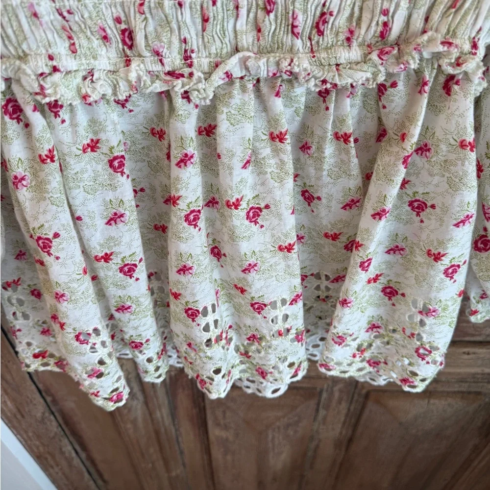 Anthropologie Cream Blouse with Pink Rose Print and Smocked Bodice